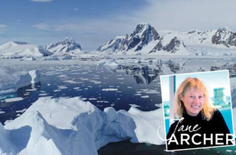 A panoramic image of Antarctica with an overlay image of Jane Archer