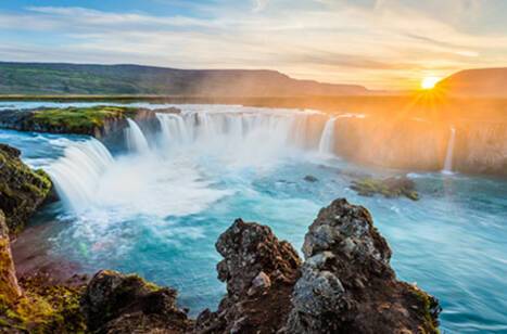 Godafoss waterfall at sunset
