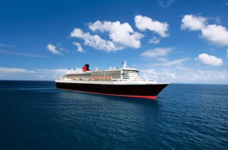 A panoramic image of Cunard's Queen Mary 2 at sea