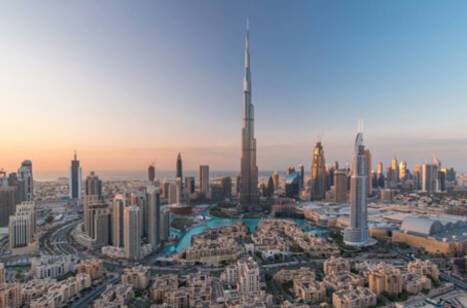 Panoramic image of Downtown Dubai at sunset