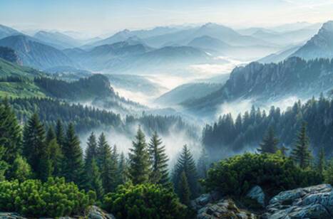 A panoramic view of a misty Alaska