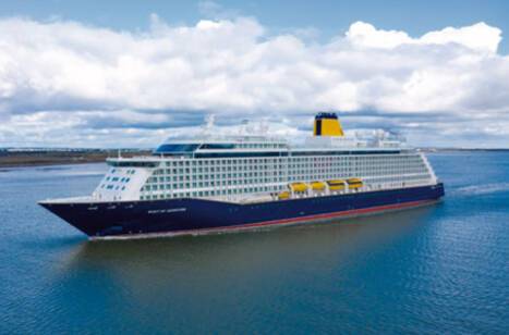 A panoramic image of Spirit of Adventure, Saga Ocean Cruises, at sea
