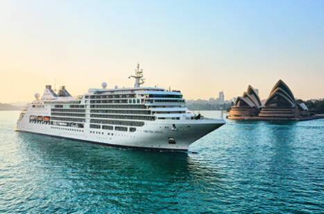 A cruise ship in front of the Sydney Opera House