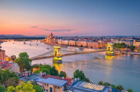 Panoramic image of Danube river at sunset