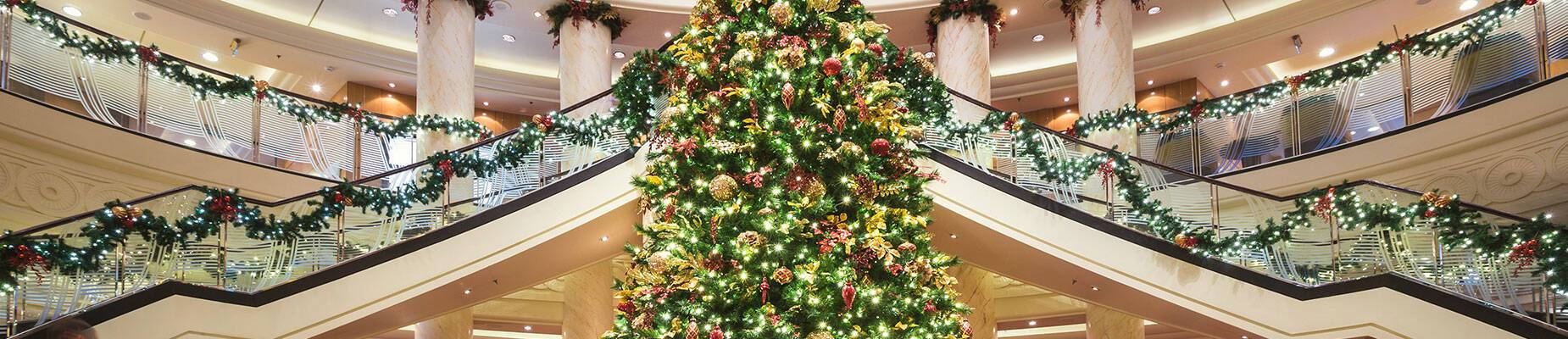 A Christmas tree in the atrium of a Cunard ship