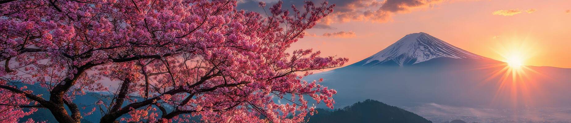 Panoramic sunrise over Mt. Fuji with cherry blossoms