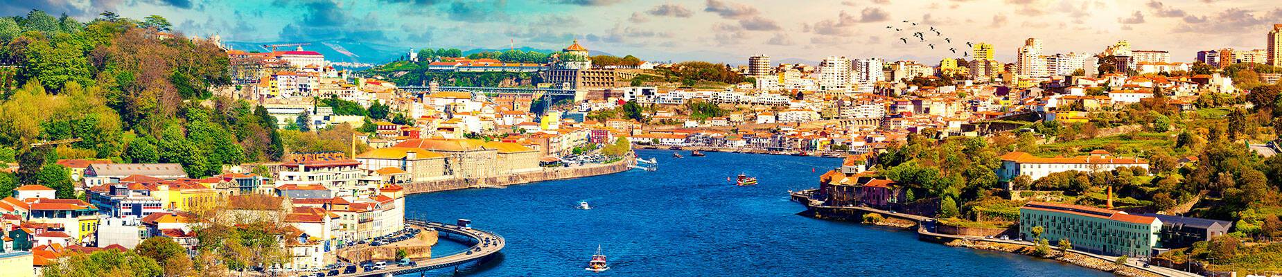 A panoramic view of the Douro River running through Porto