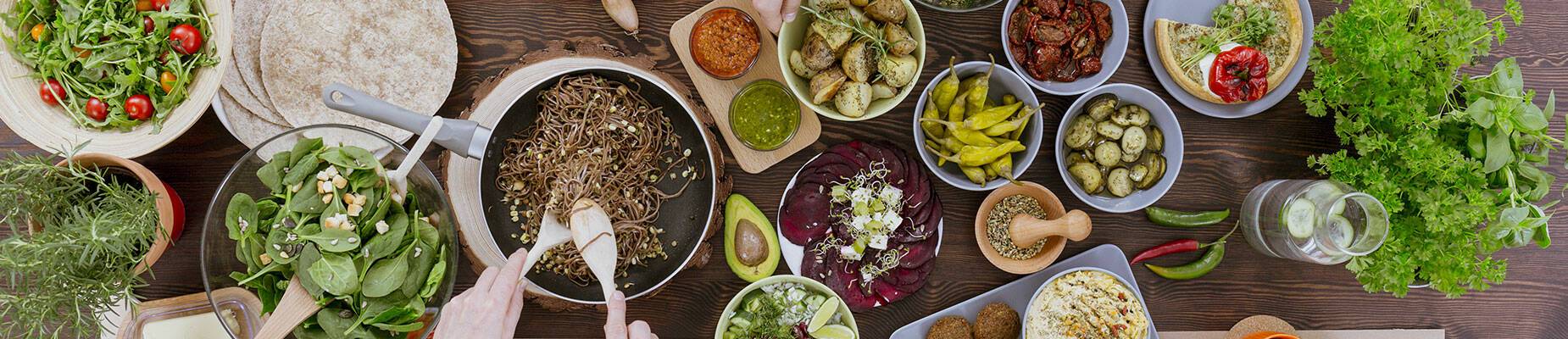 Birdseye view of a range of different vegetarian dishes