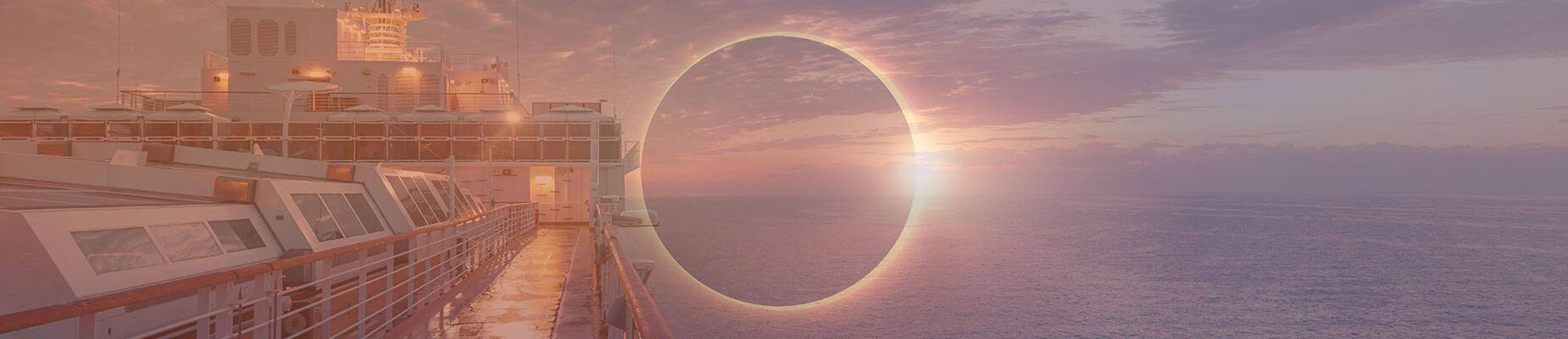 An image of Nieuw Statendam at sea with an overlay of a solar eclipse