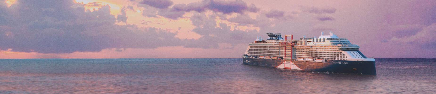 Celebrity Beyond at sea during sunset