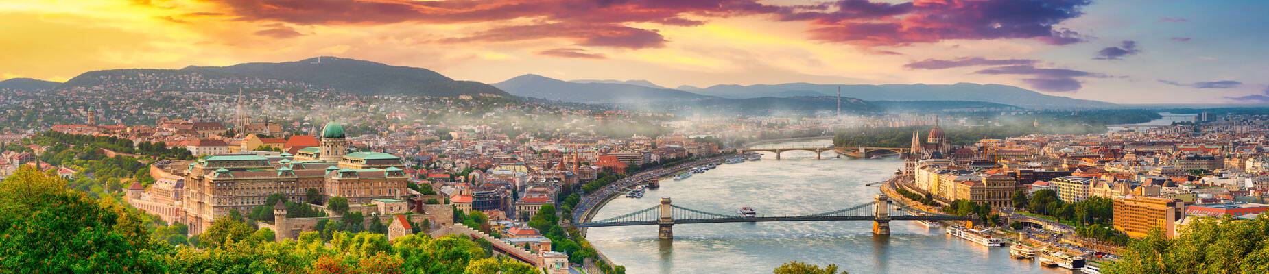 Panoramic image of Danube river at dusk