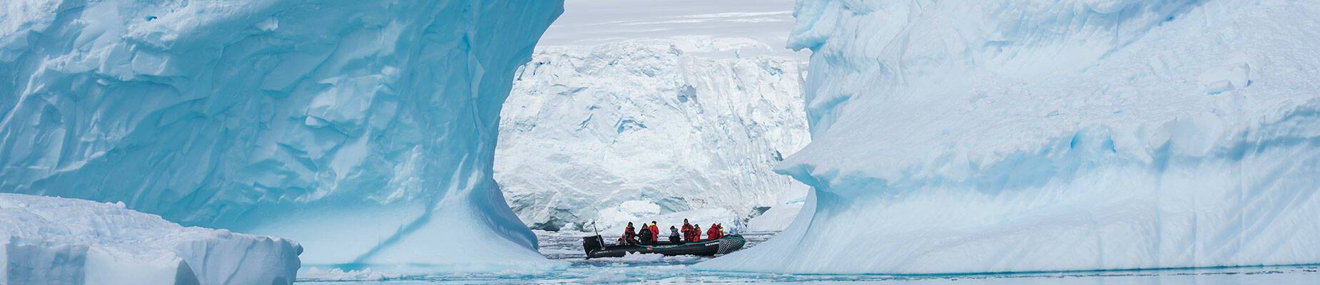 A Zodiac sailing the waters of Antarctica