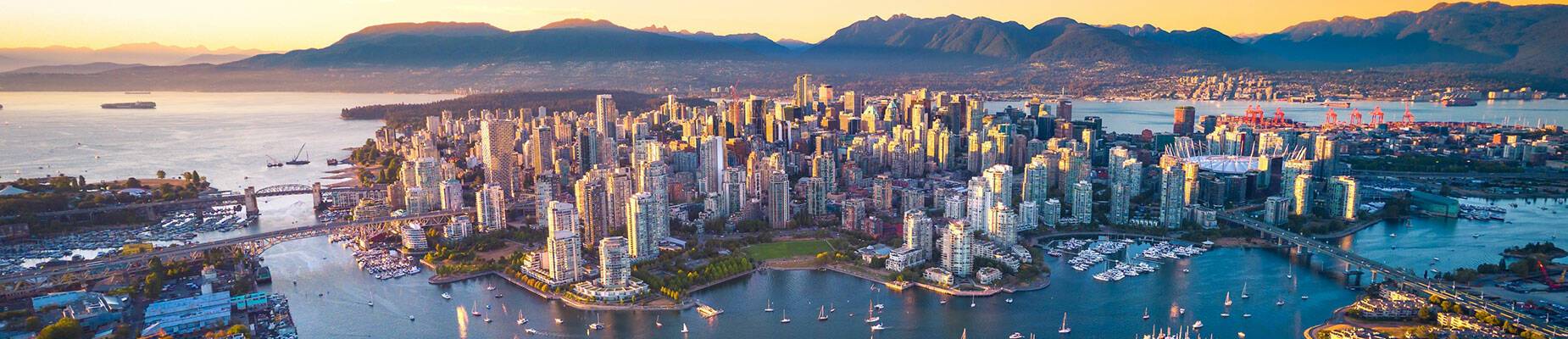 An aerial view over Vancouver at sunset