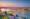 Panoramic image of Danube river at sunset