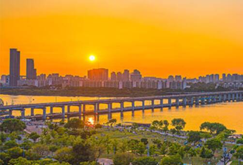 The sun setting over Seoul