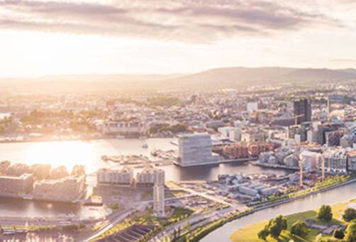 Aerial view of Oslo at sunset