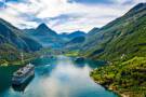Cruise ships sailing in and out of Geirangerfjord