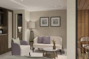 Deluxe Balcony Cabin, Seating area, Diamond Deck, MS Riviera Rose, Riviera Travel - Configuration may vary.