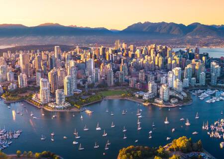 A birds eye view of Vancouver's harbour at sunset