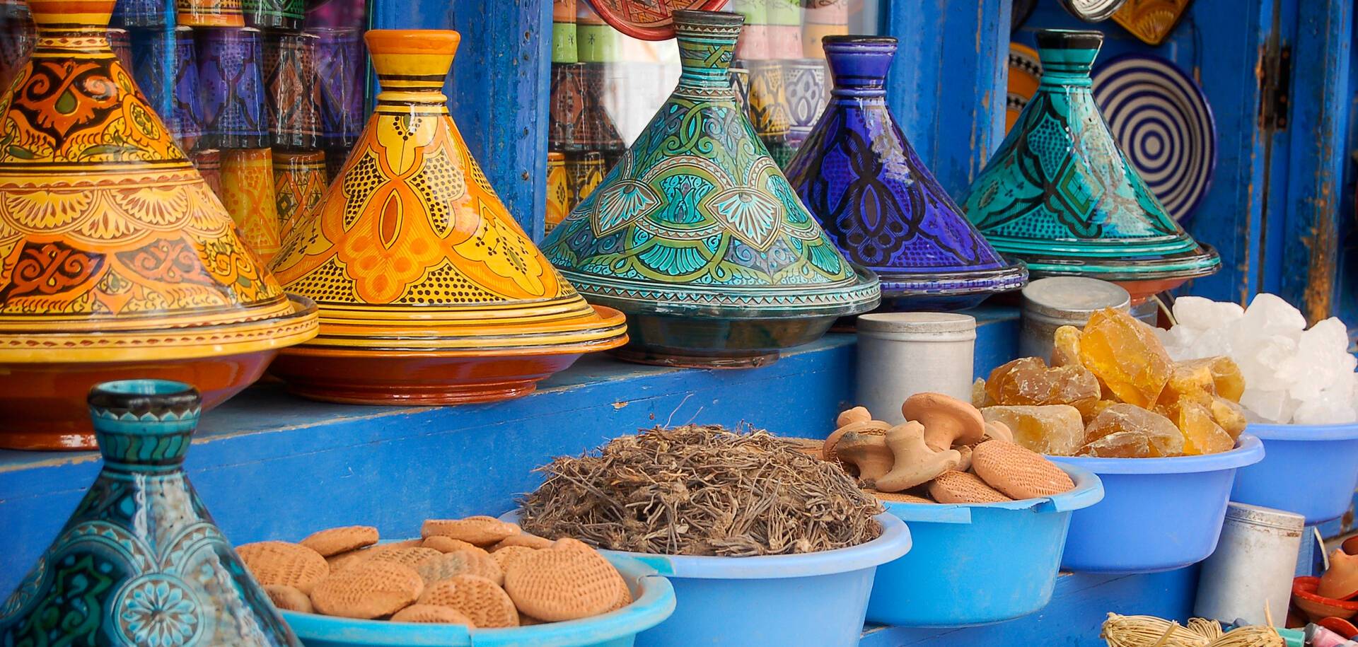 Goods on display at a souk, Morocco