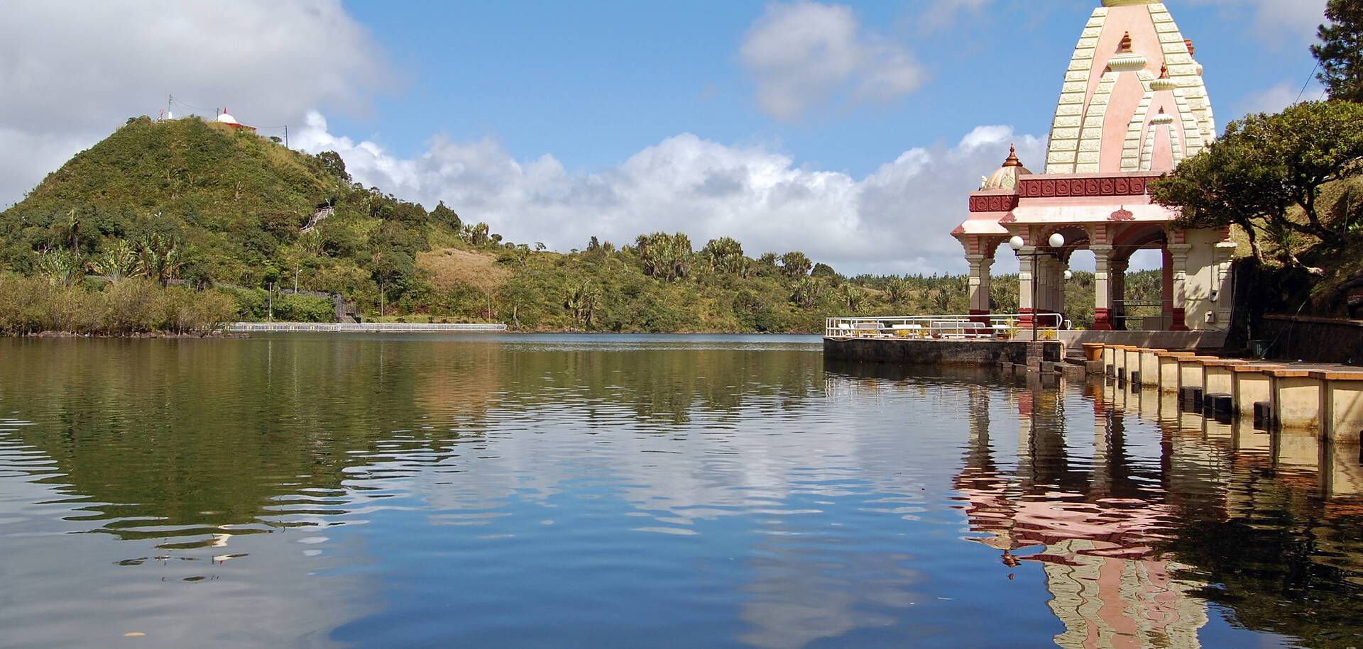 Ganga Talao lake with hindu temple reflection, in Grand Bassin, Mauritius