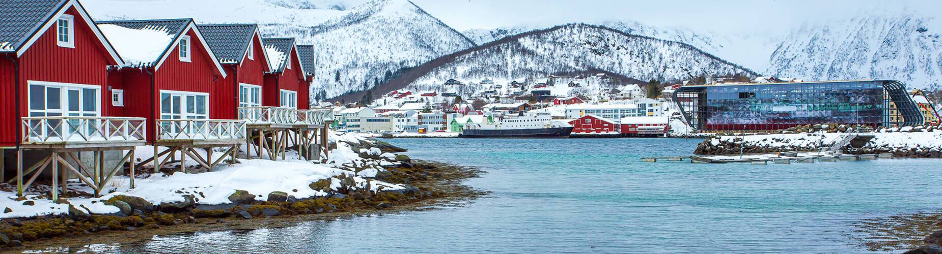 A panoramic view of snowy Stokmarknes