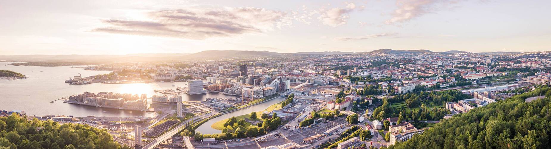 Aerial view of Oslo at sunset