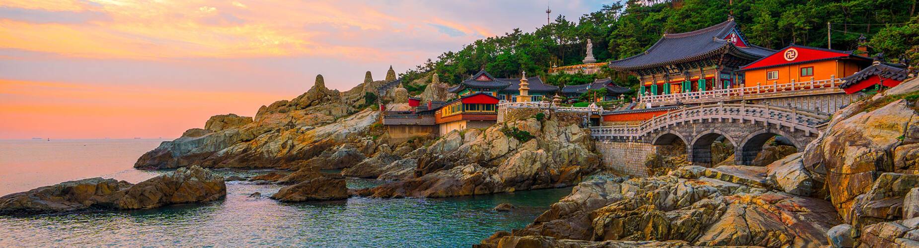 Dawn, view of Busan city at Haedong Yonggungsa Temple in Busan, South Korea.
