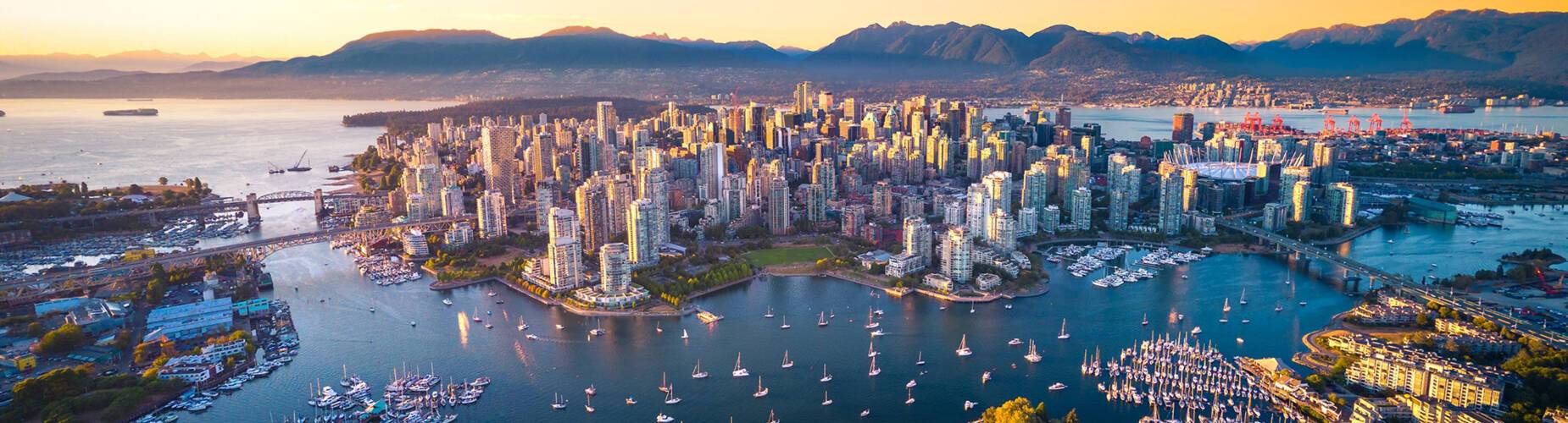 A birds eye view of Vancouver's harbour at sunset