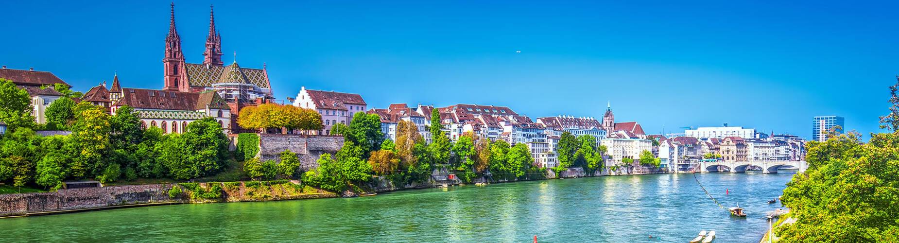 A panoramic view of Basel from the Rhine River