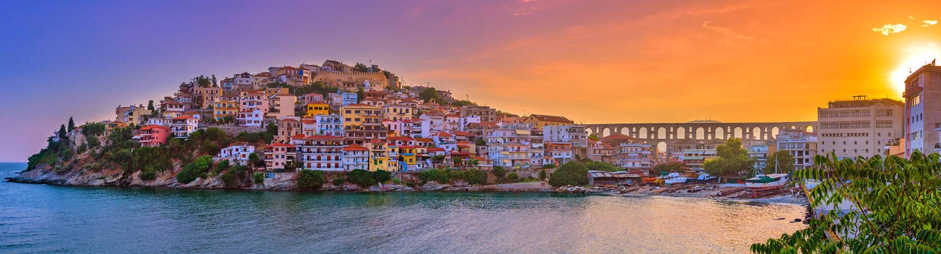 A panoramic view of Kavala at sunset