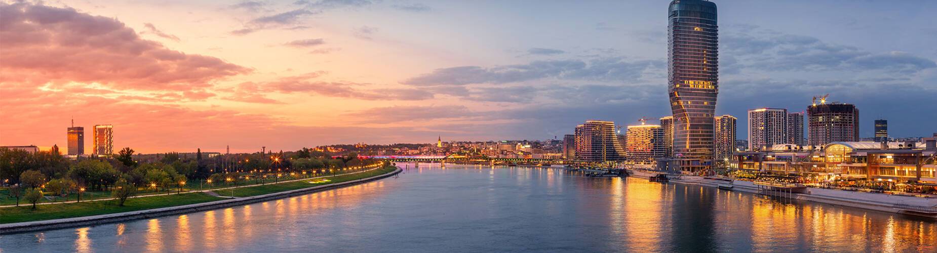 A panoramic view of Belgrade at dusk