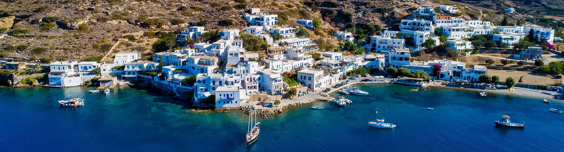An aerial view of Katapola village on Amorgos Island
