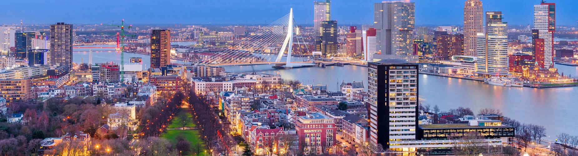 An aerial view of Rotterdam at dusk